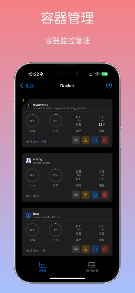 MyServers-AIO management - Docker container management interface in MyServers-AIO showing real-time CPU and memory monitoring
