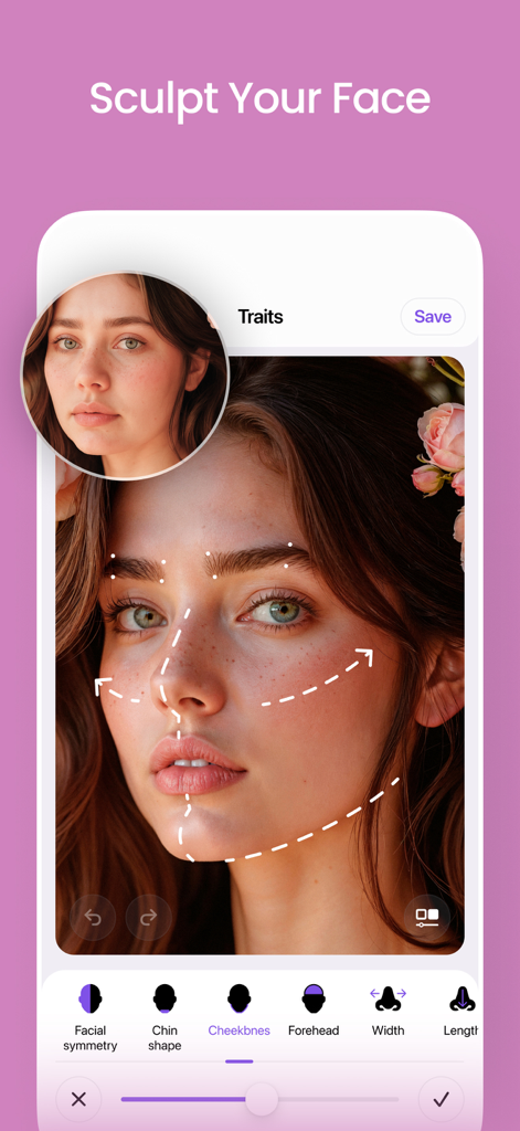 Interface of a mobile AI face editor app showing features to sculpt jawline, cheekbones, and nose with a woman's portrait.