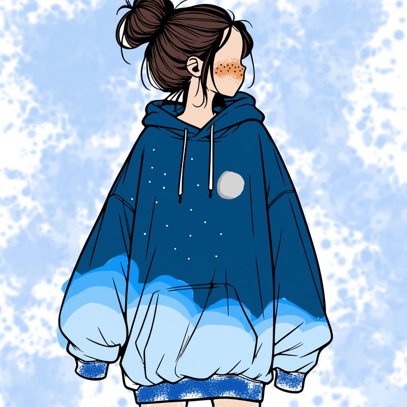 realistic girl with a oversized sweatshirt on and a bun
