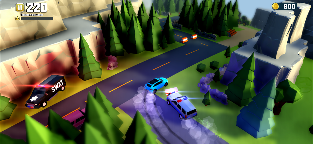 Blue car drifting to escape a police cruiser and SWAT van in a stylized forest environment