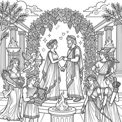 Step into the grandeur of Mount Olympus with this exquisite wedding coloring page, featuring a divine union of Olympian Gods. Immerse yourself in a scene filled with mythical beauty, elegant attire, and celebratory floral decor, perfect for bringing legendary romance to life with your colors.