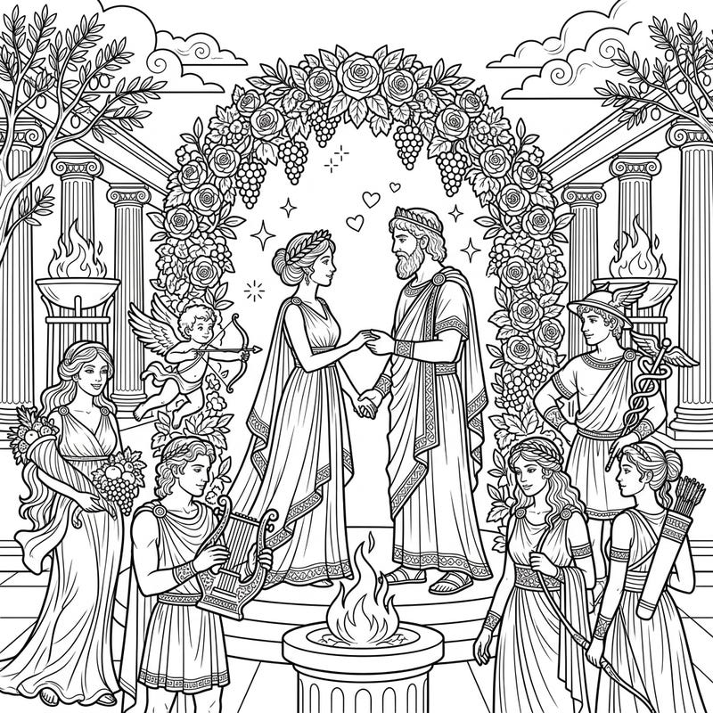 Step into the grandeur of Mount Olympus with this exquisite wedding coloring page, featuring a divine union of Olympian Gods. Immerse yourself in a scene filled with mythical beauty, elegant attire, and celebratory floral decor, perfect for bringing legendary romance to life with your colors.
