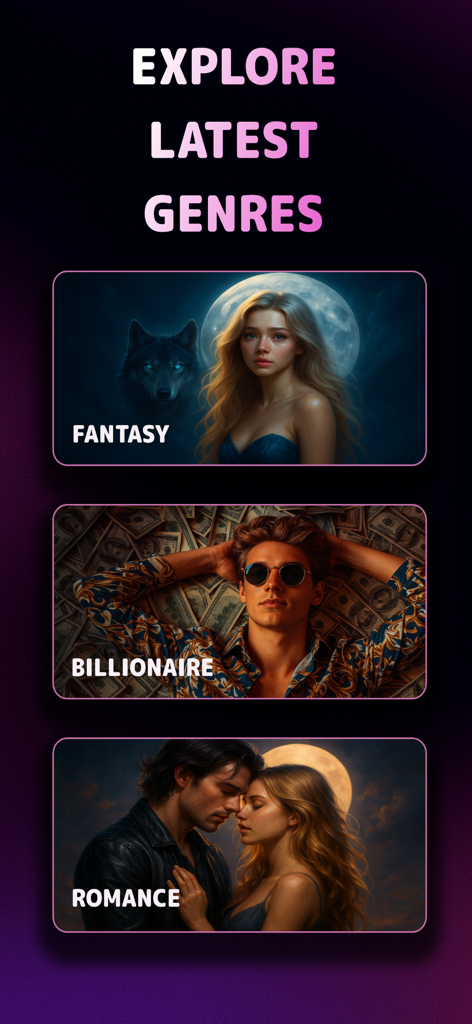 AI Story Generator Novel Maker - App screen showing story genres like Fantasy Billionaire and Romance