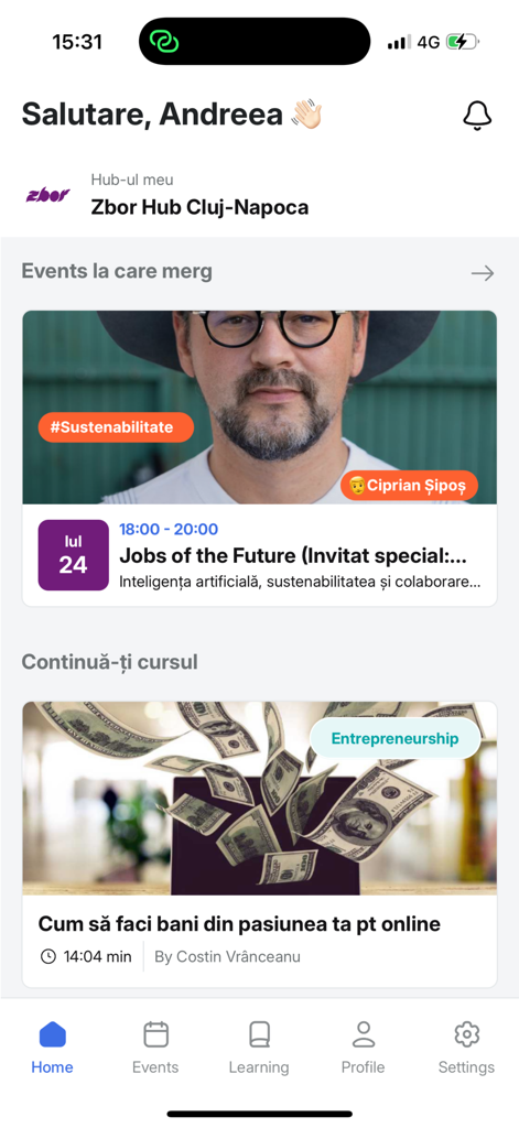 Zbor - Spațiu de Explorat - Écran d'accueil de l'application mobile Zbor montrant les cours éducatifs et les événements communautaires.