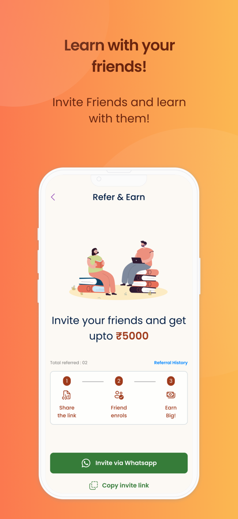 AU Online Learner App - AU Online Learner App refer and earn screen showing a reward offer for inviting friends with steps to share links and earn money