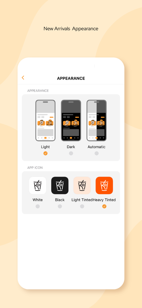 KOI Thé Cambodia - KOI Thé Cambodia app screen for customizing the user interface appearance and app icon styles