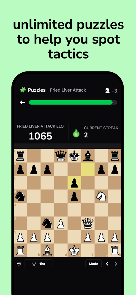 Chessreps - Master Openings - Chessreps mobile app interface showing a chess tactics puzzle for the Fried Liver Attack opening.