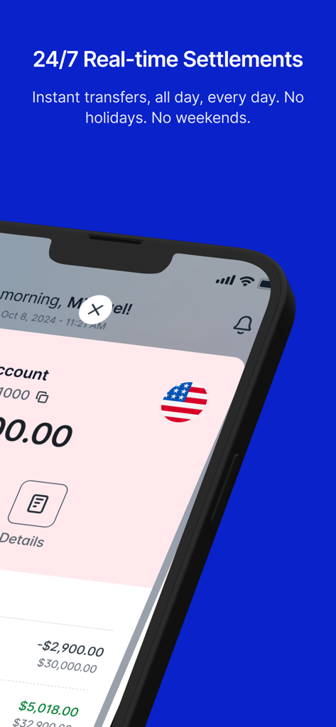 ORO Bank mobile app interface showing 24/7 real-time settlements and instant transfers