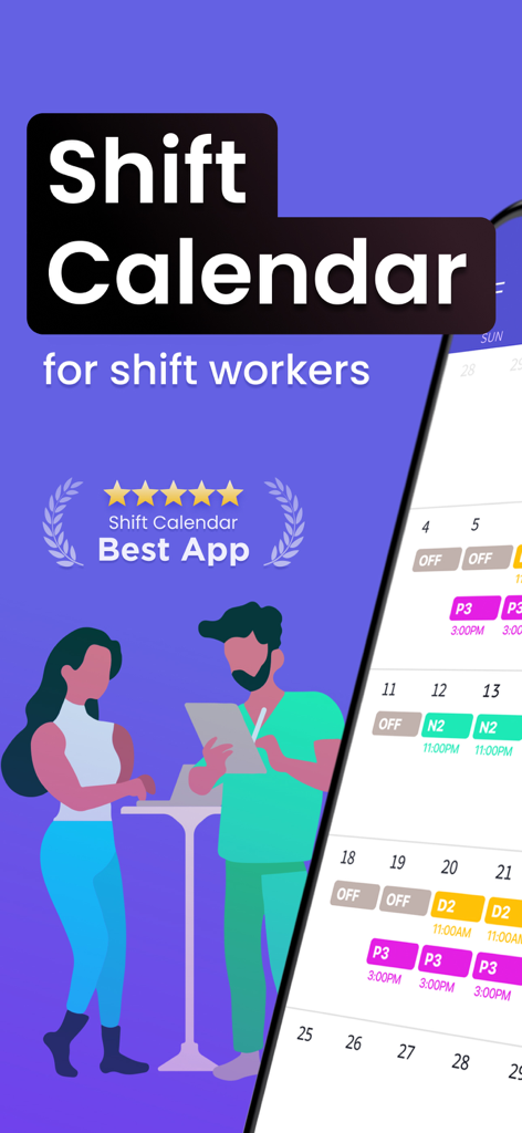 Shift Day Work Calendar: Spoke - Interface of Shift Day Work Calendar Spoke showing color coded shifts for healthcare and essential workers