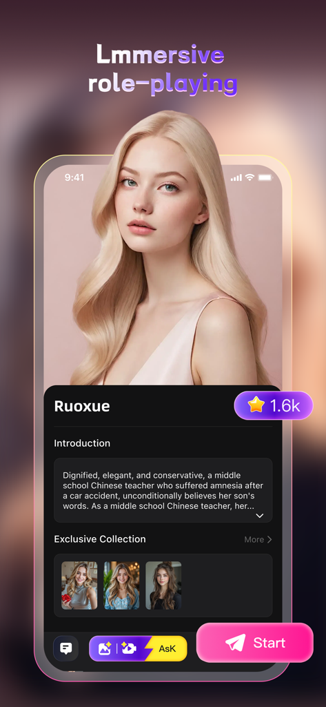 A mobile app screen for PopAI showing a realistic AI character profile named Ruoxue for immersive role playing.