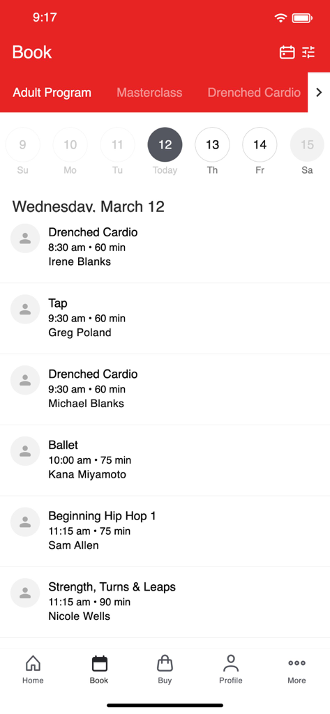Millennium Dance Complex LA - Millennium Dance Complex LA app interface showing a schedule of dance classes like Tap Ballet and Hip Hop available for booking.