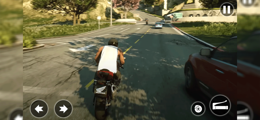 Ramp Bike Stunt Extreme - Third-person view of a motorcycle rider navigating a suburban road in Ramp Bike Stunt Extreme.