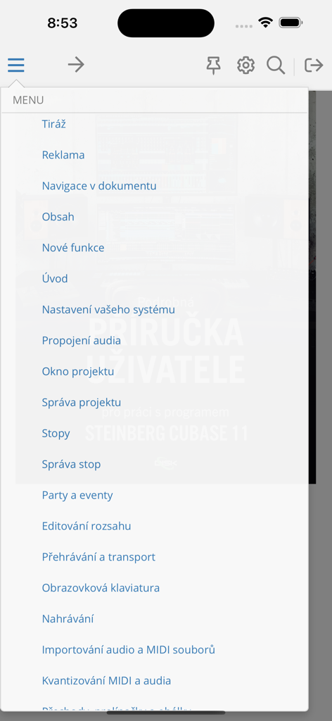 Publi - Publi app side navigation menu displaying a table of contents for a technical user manual