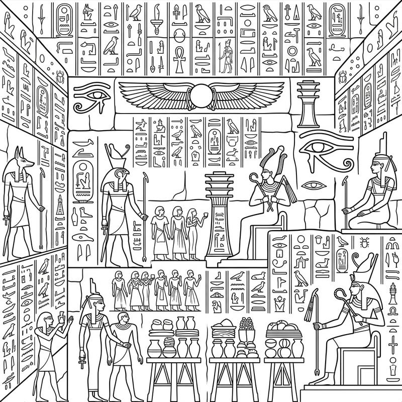 Dive into the enigmatic world of Ancient Egypt with this captivating coloring page featuring intricate Pyramid Texts and hieroglyphs. Designed for teens, it offers a challenging and educational journey through history.