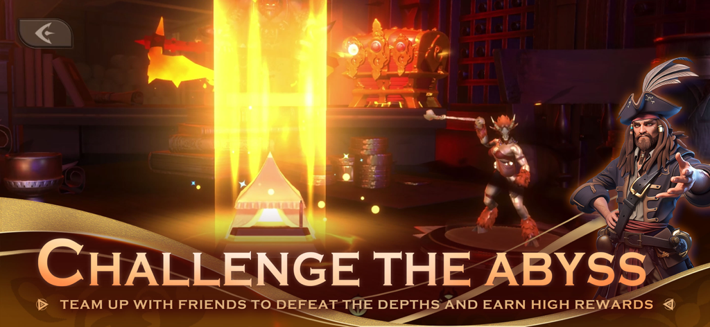 Legends Reborn: Last Battle - Un héroe pirata junto a un cofre del tesoro brillante en el juego móvil Legends Reborn Last Battle.