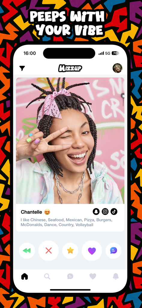 Wizzup app interface showing a Gen Z user profile with interests and swipe options