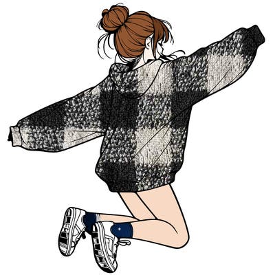 realistic girl jumping with a bun and oversized sweatshirt