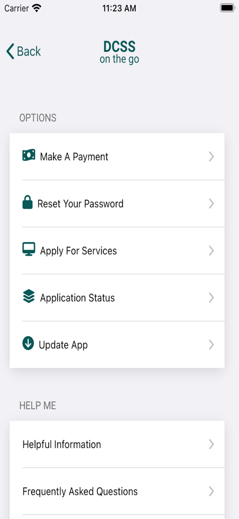 GA DCSS - Main menu of the GA DCSS on the go mobile app showing options for payments services and help