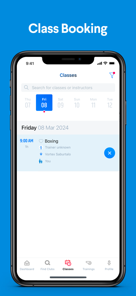 Vortex Fitness - Tela do aplicativo móvel Vortex Fitness mostrando a agenda de reservas de aulas com uma aula de boxe às 9h selecionada em uma visualização de calendário de sexta-feira.