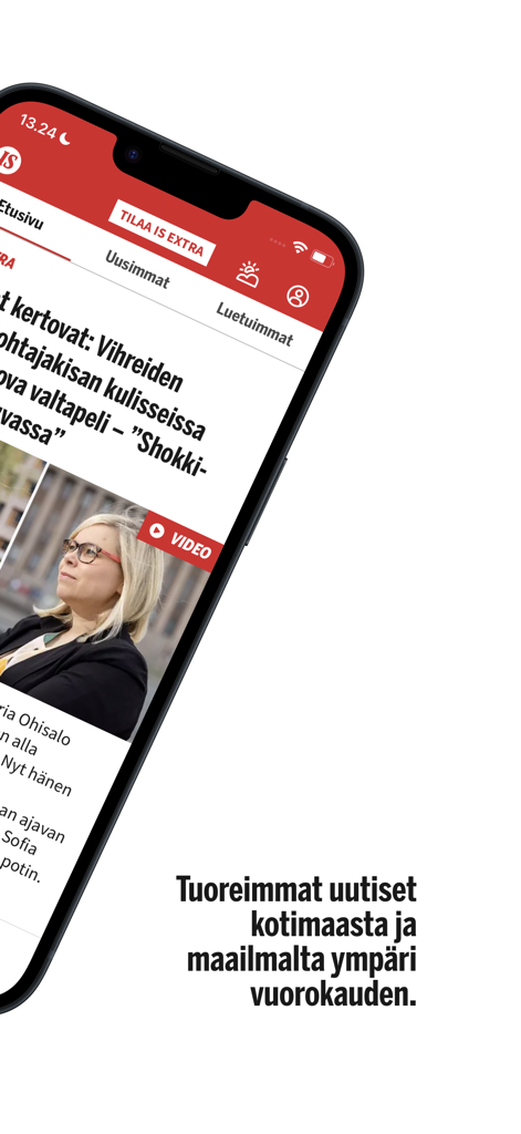 Captura de pantalla de la aplicación móvil IS Ilta-Sanomat mostrando titulares de noticias en finlandés.