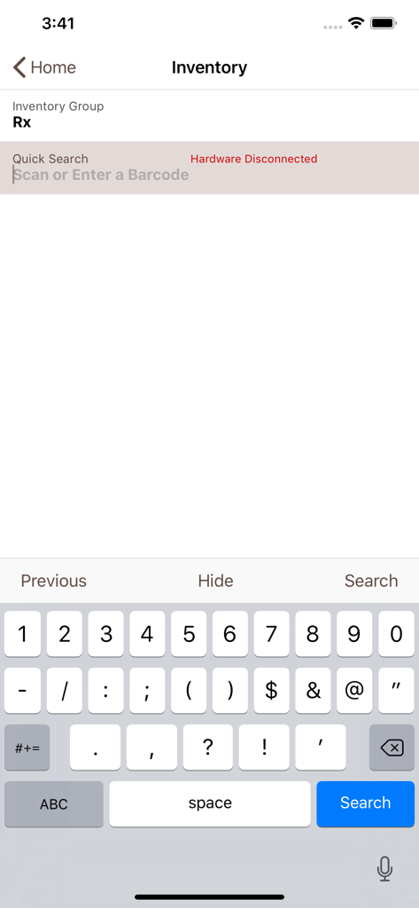 PioneerRx Mobile Inventory - PioneerRx Mobile Inventory app screen showing the inventory search bar and numeric keyboard for barcode entry