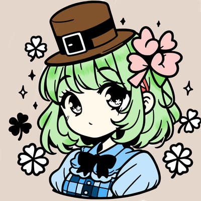a manga-style girl with clovers around her, a little hat in her hair, like it's saint patrick's day