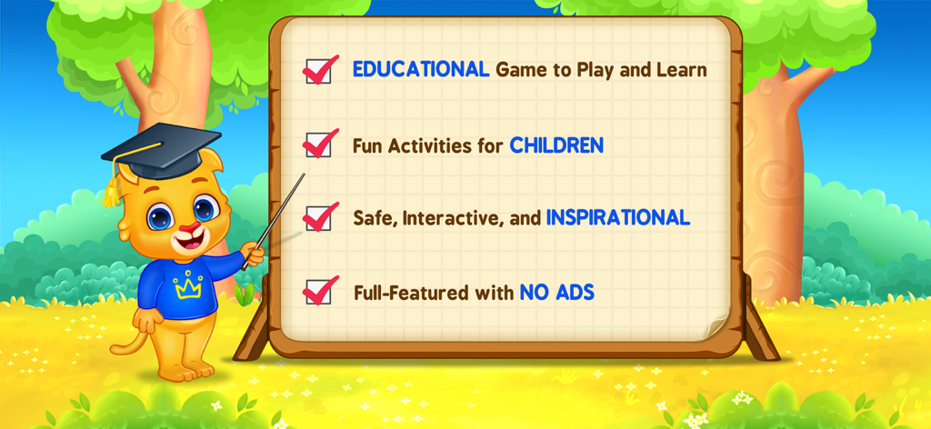 ABC Kids - Tracing & Phonics - A cartoon lion wearing a graduation cap points to a checklist of app features including educational games and no ads