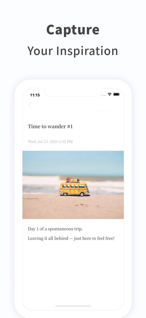 Eine minimalistische mobile App-Oberfläche für PenCake, die einen Reisejournaleintrag mit einem Foto eines gelben Vans und dem Text 'Capture Your Inspiration' zeigt.