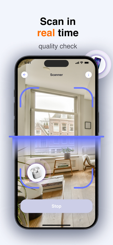 A smartphone app performing a real-time AI visual scan to identify electronic devices in a room