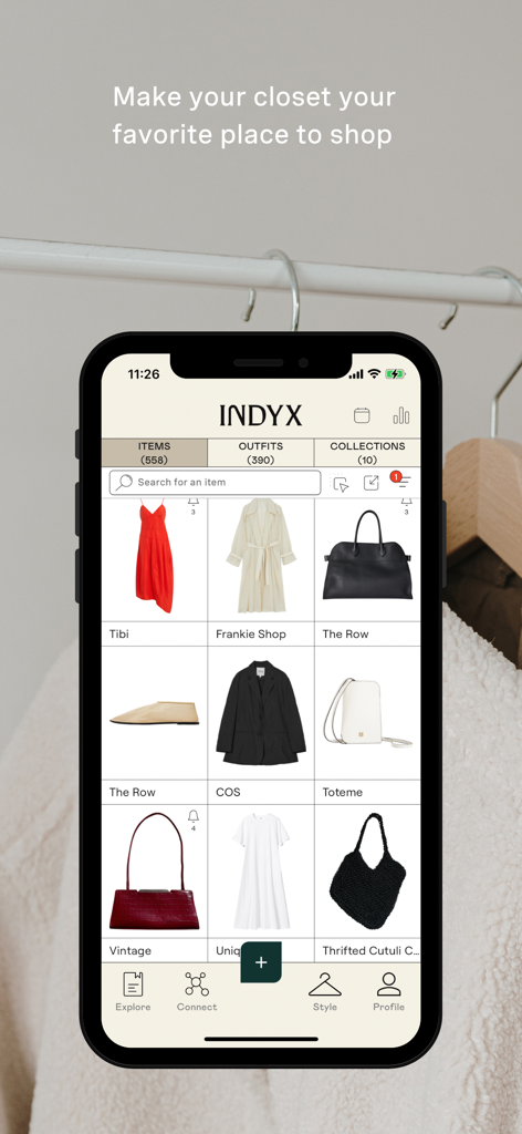 Indyx: Wardrobe & Outfit App - A smartphone showing the Indyx app interface with a grid of digitized clothing items and the text Make your closet your favorite place to shop.