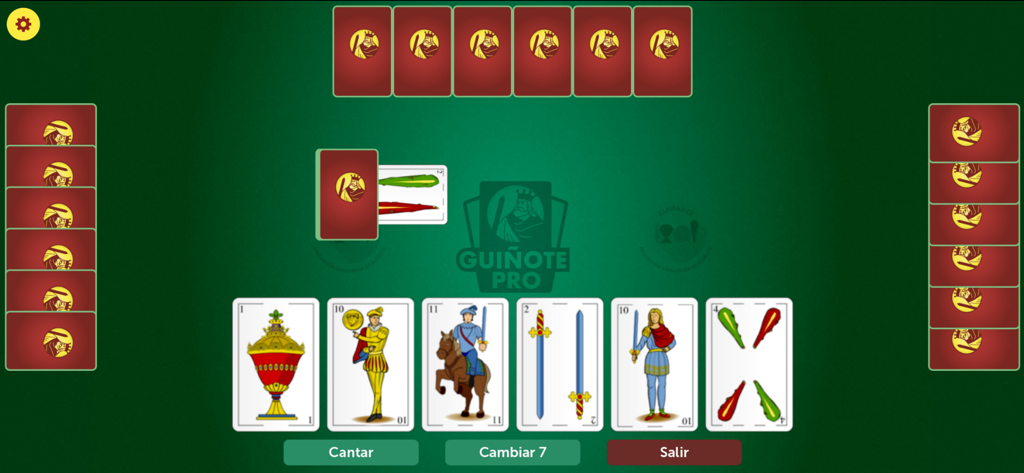 Interfaz digital de GuiñotePro mostrando una partida de cartas española sobre una mesa verde