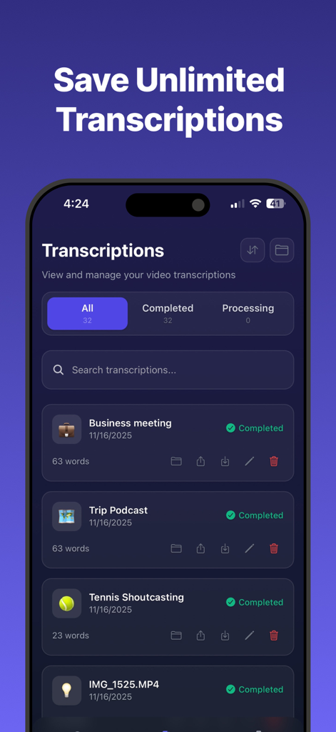 Transcribe Video to Text: Vid2 - 비즈니스 회의 및 팟캐스트를 위한 검색 및 관리 기능이 포함된 완료된 동영상 전사본 목록을 표시하는 Vid2 앱 인터페이스