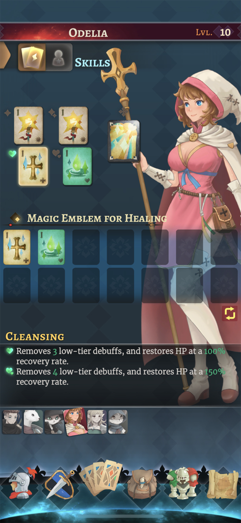 Odelia character skill screen in Hero Emblems II showing magic emblems for healing and cleansing details