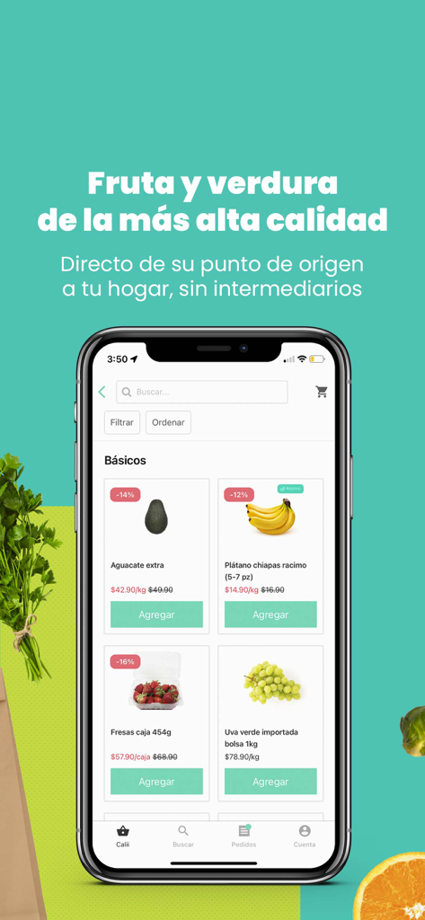 Calii app interface showing fresh fruit and vegetable products with discounts