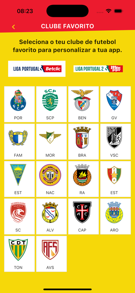 A BOLA - Schermata dell'app A BOLA per selezionare un club di calcio portoghese preferito dalla Liga Portugal