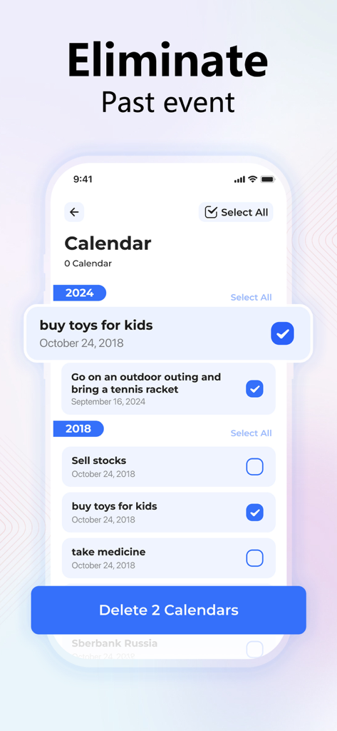 AI Cleaner Pro: Clean Storage - Interfaz de AI Cleaner Pro mostrando la eliminación de eventos antiguos del calendario para liberar almacenamiento del teléfono.