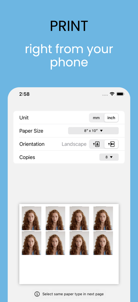 Interface of Passport Photo Maker app showing print settings and a preview of ID photos