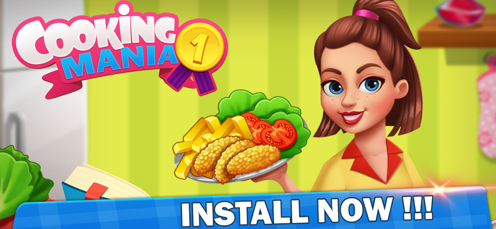 Una chef animada sosteniendo un plato de pollo frito y papas fritas en el juego de restaurante Cooking Mania