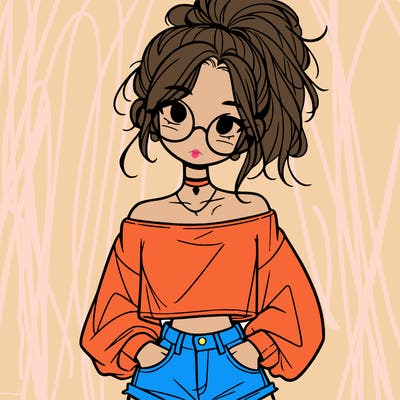 girl with a messy ponytail glasses a baggy crop top and jean shorts