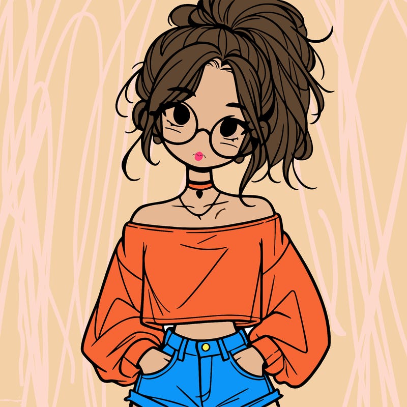 girl with a messy ponytail glasses a baggy crop top and jean shorts