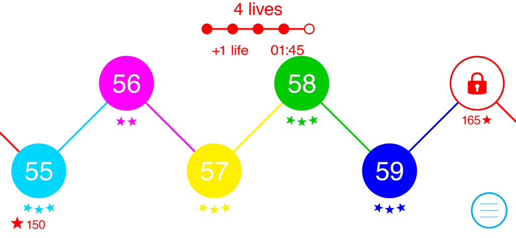 Minimalist level selection map in Overpaint showing colored circles and star ratings.