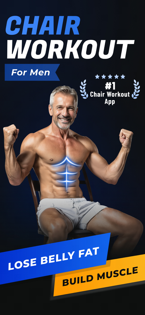 Chair Workout for Men~Easy Fit - Un hombre mayor en forma sentado en una silla y flexionando sus músculos con texto promocional para una aplicación de rutinas de silla.