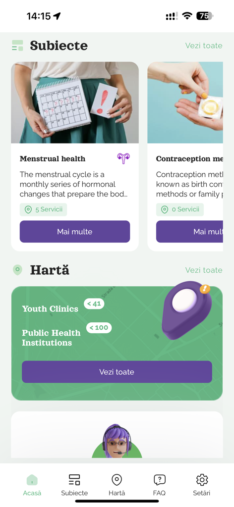 Home screen of the YK mobile app showing health topics and a navigation map for clinics