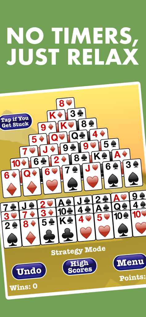 Stress-Free Pyramid Solitaire game screen showing strategy mode with large easy to read cards and no timers