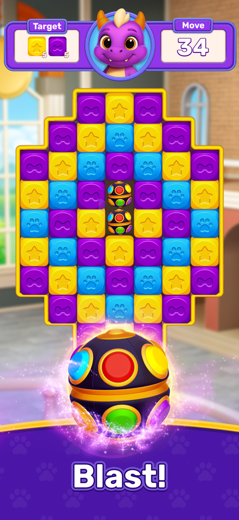 Tablero de puzzle match-3 de Roy Story con bloques coloridos y un potenciador de explosión brillante