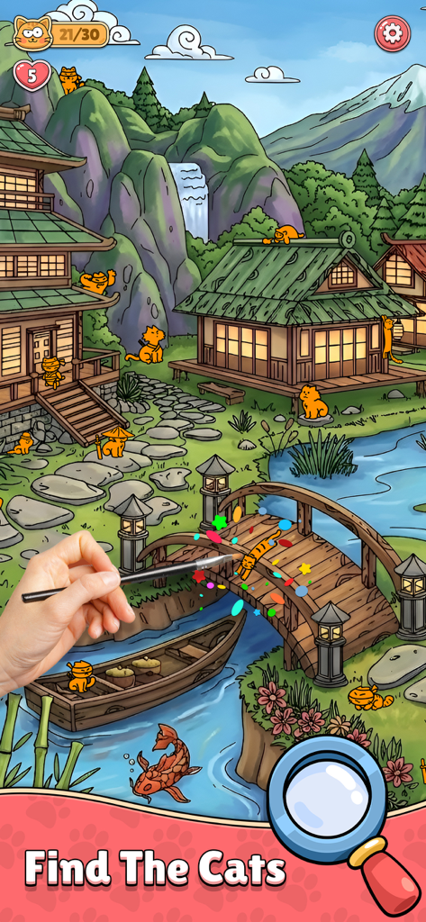 Find The Cat 2 - Spot It! - Uma cena colorida de jogo de objetos escondidos em uma vila japonesa onde os jogadores encontram gatos laranjas escondidos.