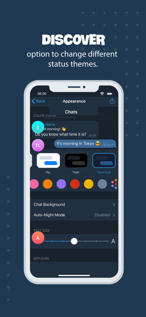 Tele Messenger Chat Secure - Tele Messengerのスクリーンショット。チャットテーマとテキストサイズのカスタマイズのための外観設定が表示されています。