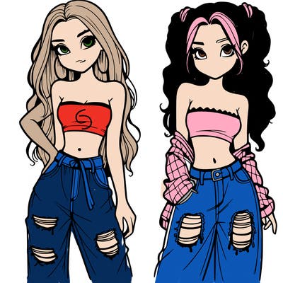 2 girls in crop tops and baggy jeans ripped