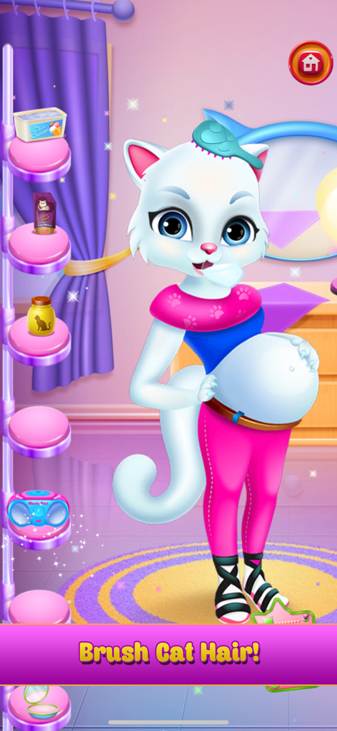 반려동물 돌보기 모바일 게임에서 머리를 빗고 있는 임신한 흰 고양이 캐릭터.