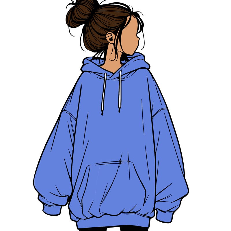 realistic girl with a oversized sweatshirt on and a bun